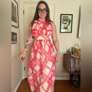 70s Vintage Pink and White Chiffon Gown